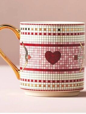 Anthropologie Bistro Tile Heart Mosaic Mug 24K Gold Decaled Glazed Stoneware NIB